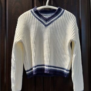 Women's Cream and Blue V-Neck Sweater